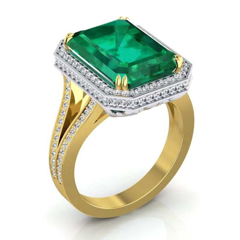 Sambischer Grün Smaragd- und Diamant-Verlobungsring 11.50 Karat zweifarbig 14K