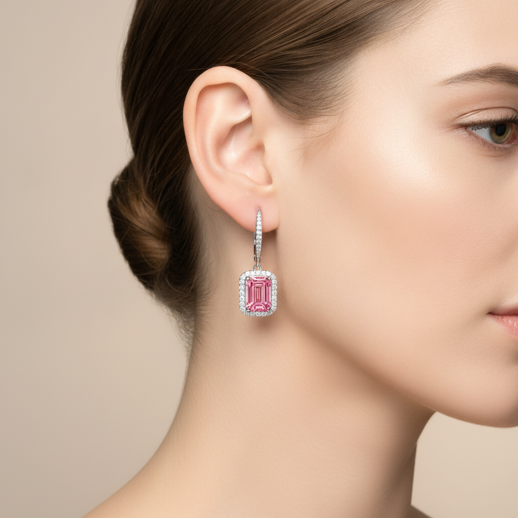 Ohrringe mit rosa Diamanten, 2,4 Karat, im Labor gezüchtet, Smaragdschliff, Halo, Klappbrisur, 14 Karat Weißgold