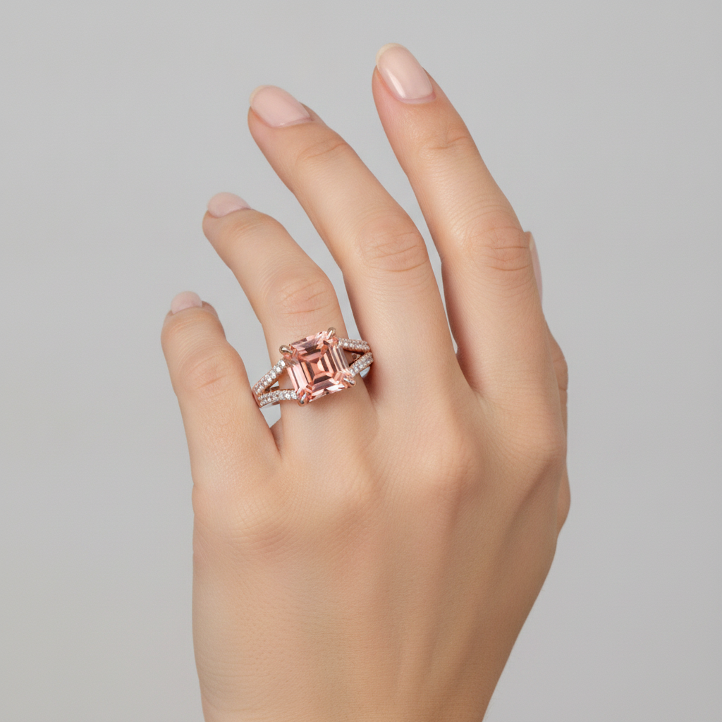 Pfirsich-Saphir Verlobungsring 4,3 Karat im Labor gezüchtet Smaragdschliff Padparadscha Pavé 14 Karat Roségold