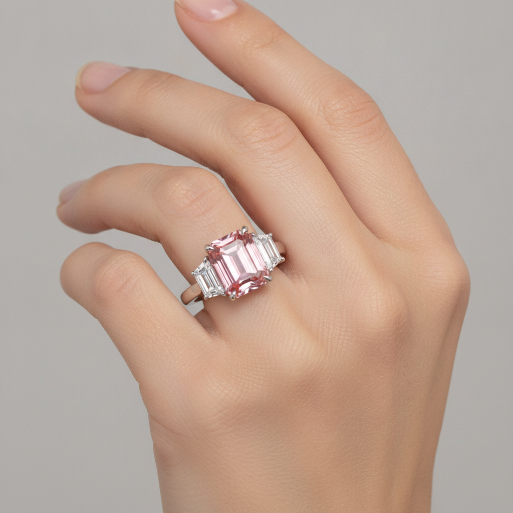 Pfirsichfarbener Padparadscha-Saphir-Ring, 4,6 Karat, im Labor gezüchtet, Smaragdschliff und weisse Trapez-Steine, Dreistein-Kathedralfassung, 14 Karat Gold