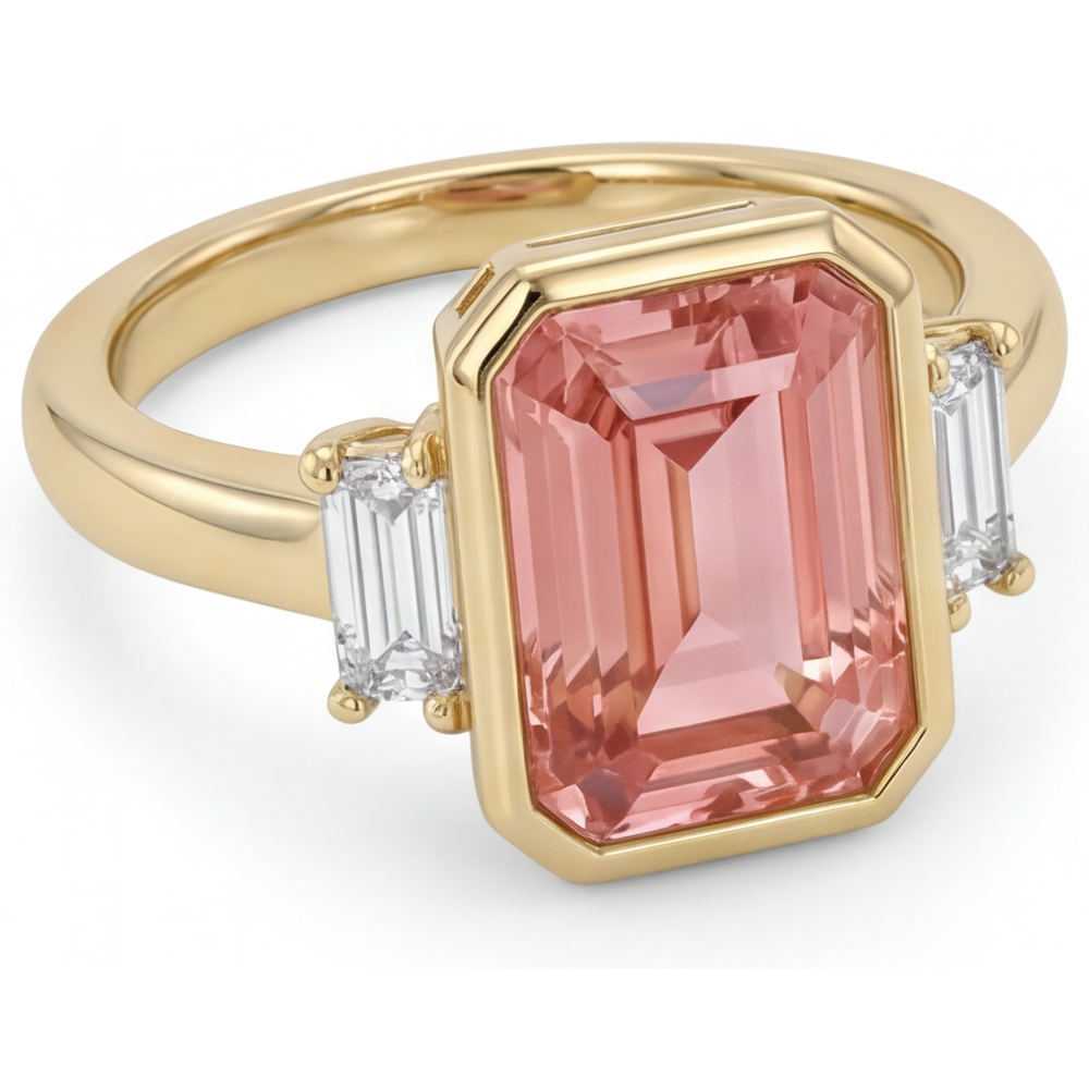 Laborgezüchteter Padparadscha-Saphir-Ring, 4,6 Karat, Smaragdschliff und weisse Baguettes, Lünette, Dreistein, 14 Karat Gelbgold