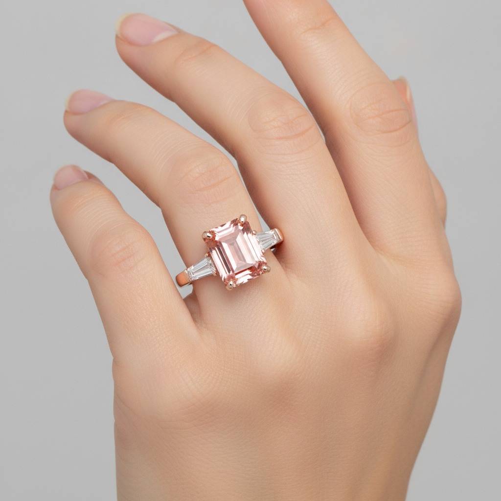Pfirsich-Saphir-Ring 4,6 Karat, im Labor gezüchteter Padparadscha im Smaragdschliff und weisse Baguettes, Dreistein, 14 Karat Roségold