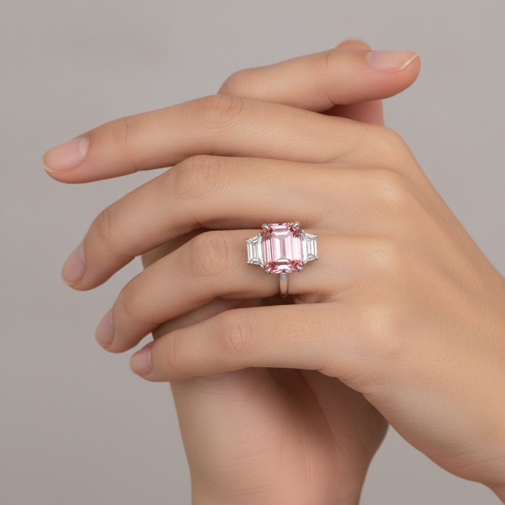 Pfirsichfarbener Padparadscha-Saphir, 4,6 Karat, im Labor gezüchtet, Smaragdschliff und weisse Trapeze, schlichter Dreisteinring aus 14 Karat Gold