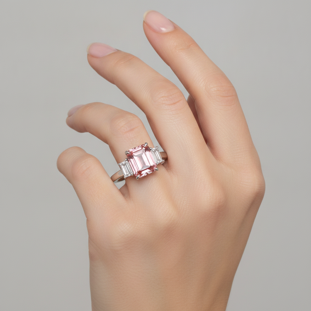 Padparadscha-Ring, 2,9 Karat, echter Saphir im Smaragdschliff mit weissen Baguettes, Dreistein-Ring, schlichtes 14-Karat-Gold