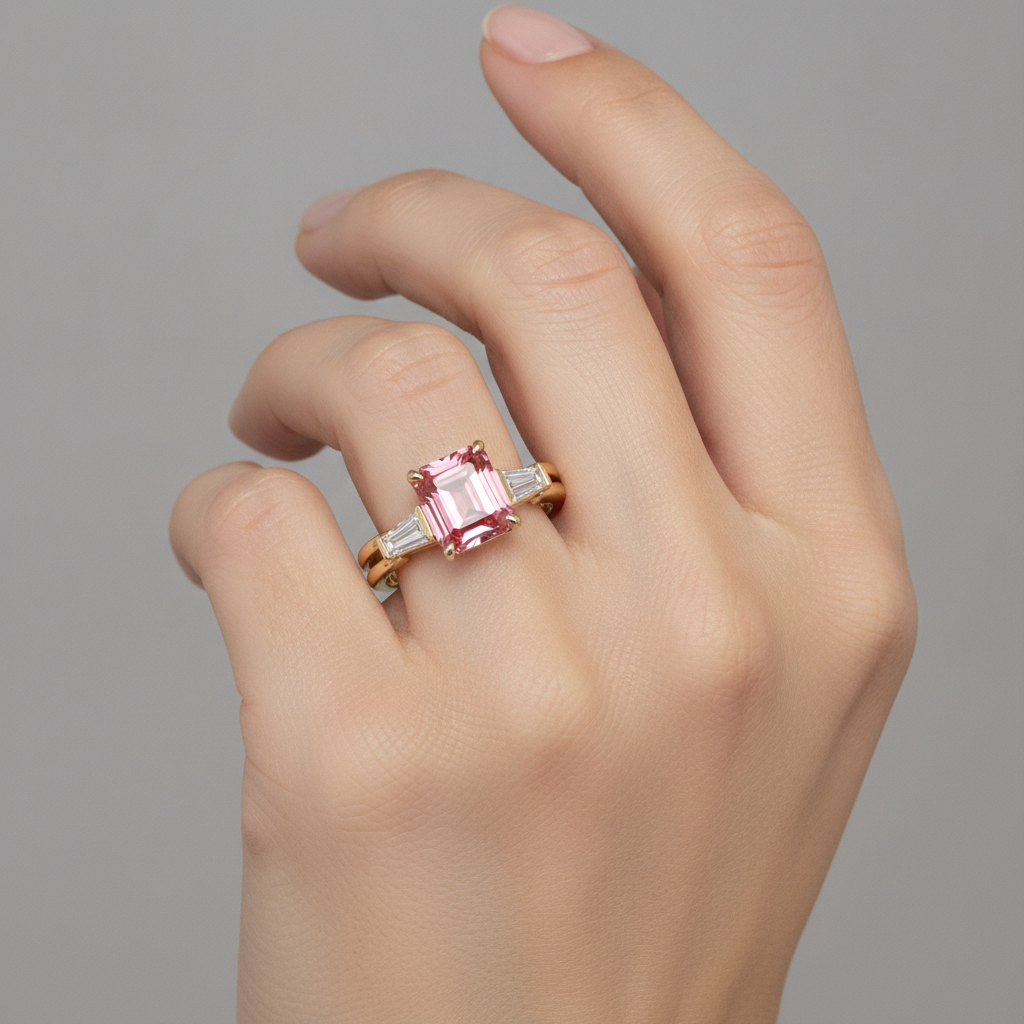 Pfirsich-Saphir-Ring 2,9 Karat, echter Padparadscha im Smaragdschliff und weisse Baguettes, Dreistein-Ring, 14 Karat Gelbgold
