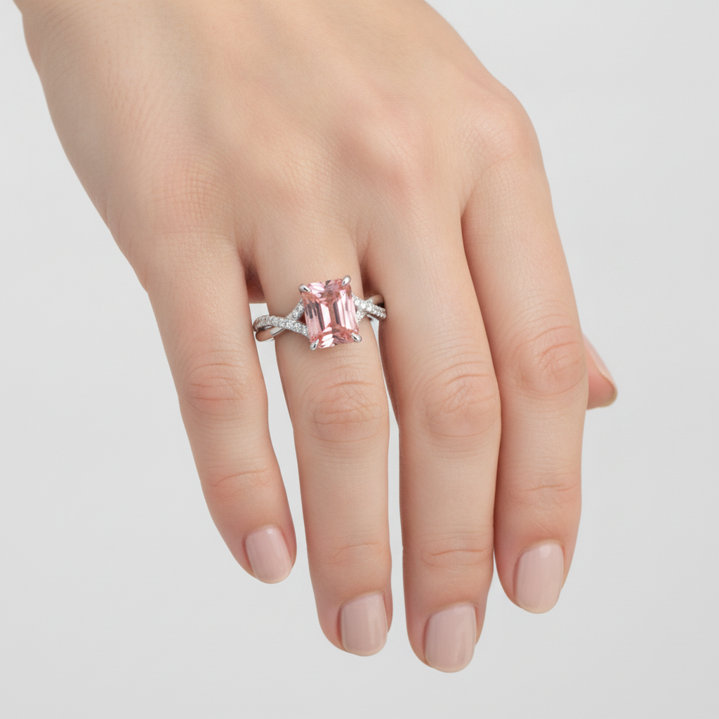 Pfirsichfarbener Padparadscha-Saphir 2,8 Karat, echter Smaragd, Pavé-Ring aus 14 Karat Weißgold