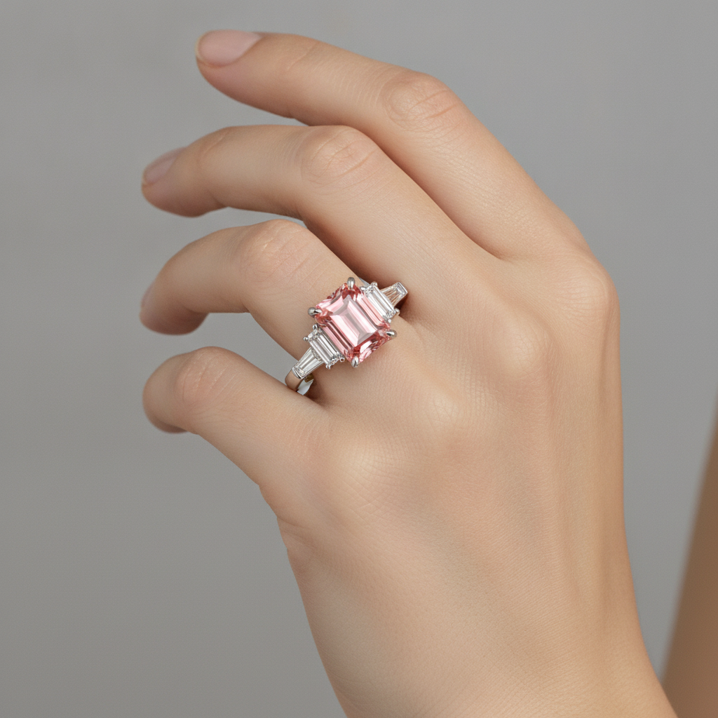Padparadscha-Saphir-Verlobungsring 3,9 Karat, echter Smaragd und weisse Baguette-Diamanten, Drei-Stein-Kathedralfassung, 14 Karat Gold
