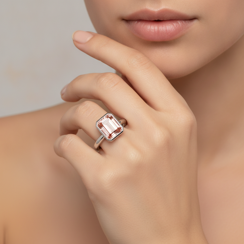 Pfirsichfarbener Saphir, 2,5 Karat, echter Padparadscha im Smaragdschliff, Solitärring mit Lünette, 14 Karat Weißgold