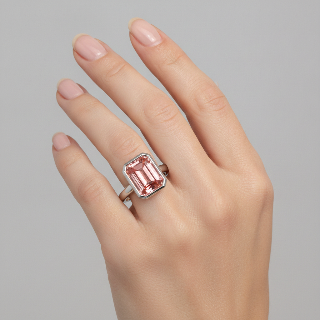 Pfirsichfarbener Padparadscha-Saphir 2,5 Karat, natürlicher Smaragdschliff, Solitärring mit Lünette, 14 Karat Weißgold