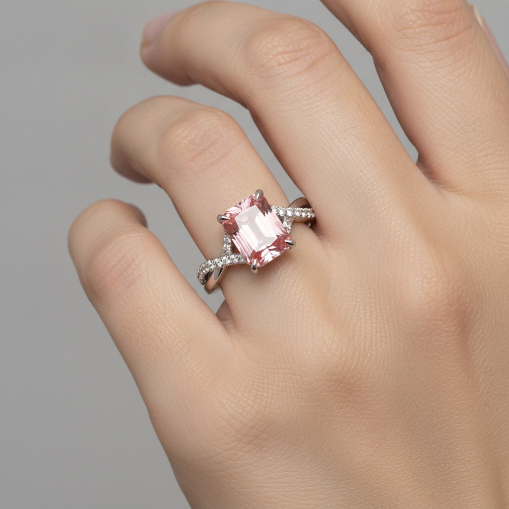 Bypass-Ring aus 14 Karat Weißgold mit pfirsichfarbenem Padparadscha-Saphir (3,3 Karat) und echtem Smaragd