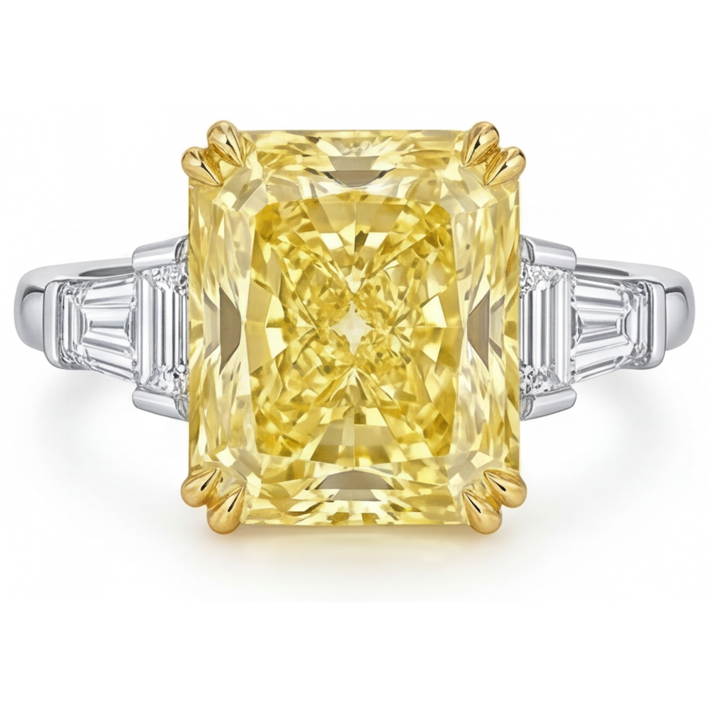 Fancy Gelber Diamant Radiant Drei-Stein-Ring in Bicolor 14K Gold – Hauptansicht