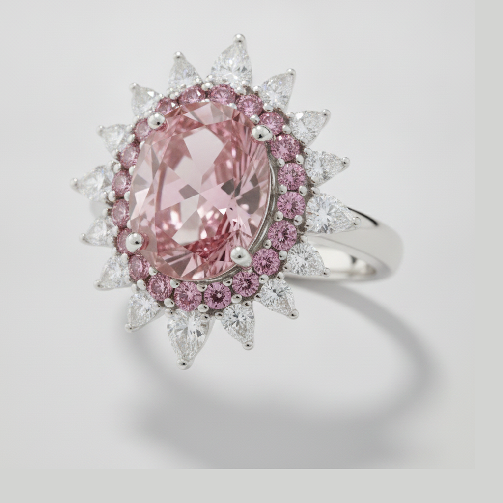 Verlobungsring aus Platin mit rosa Edelstein, echtem ovalem Farbdiamanten und Halb-Halo