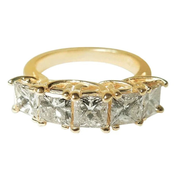 Komfort Fit 5-Stein-Band 2 Karat funkelnde Prinzessinnen Echte Diamanten Gelbgold 14 Karat