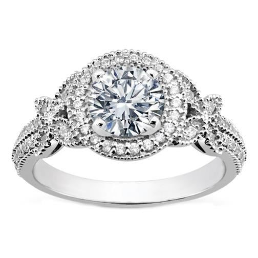 3 Karat Runder Halo-Echt Diamant-Damenring im Vintage-Stil, Weißgold