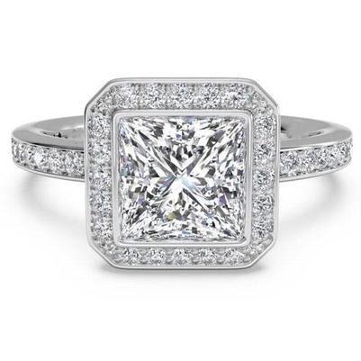 4.01 Ct. Prinzessin & Runden Diamant Halo Ring 14K WG Mit Echt Diamanten