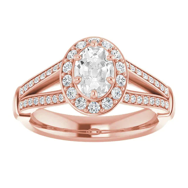 Halo Oval alter Bergmann Diamantring Split Shank 6 Zinken Set 4 Karat