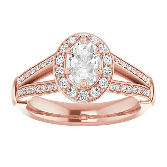 Halo Oval alter Bergmann Diamantring Split Shank 6 Zinken Set 4 Karat