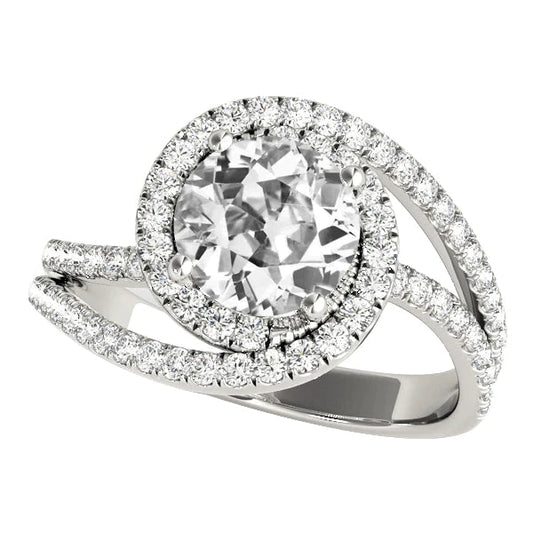 Halo Runder Altschliff Diamantring Twisted Split Shank Gold 5 Karat