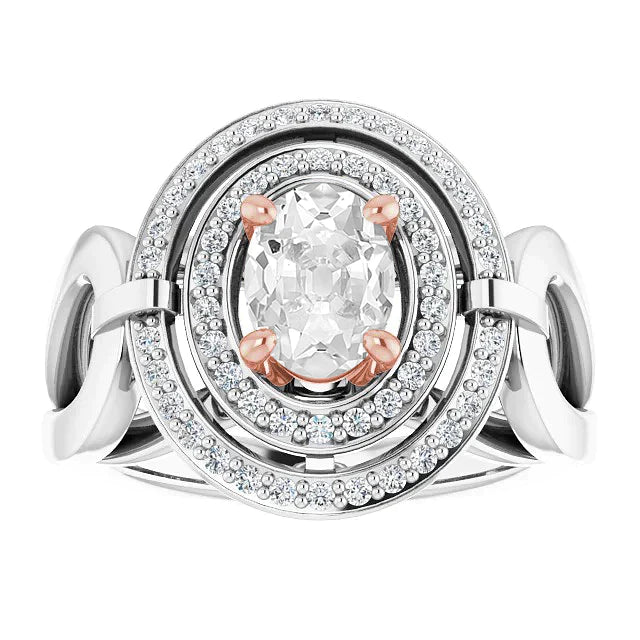 Ovaler Altschliff Diamant Doppel Halo Ring Krappenset 4.50 Karat Zweifarbig