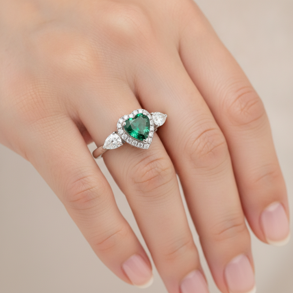 Smaragdring 3,2 Karat Echter Grüner Herzschliff Halo Dreistein Platin