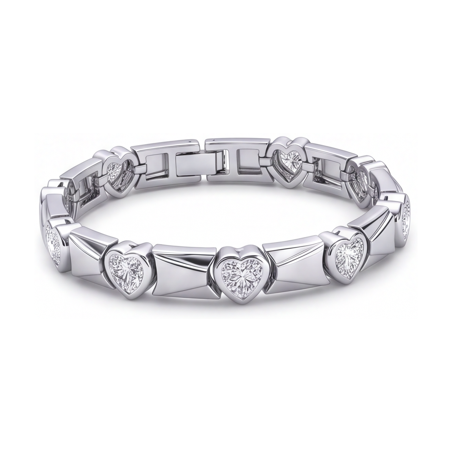 Herz-Diamantarmband 5 Karat, im Labor gezüchtet, geriffelte Stegglieder, 14 Karat Weißgold, 7 Zoll