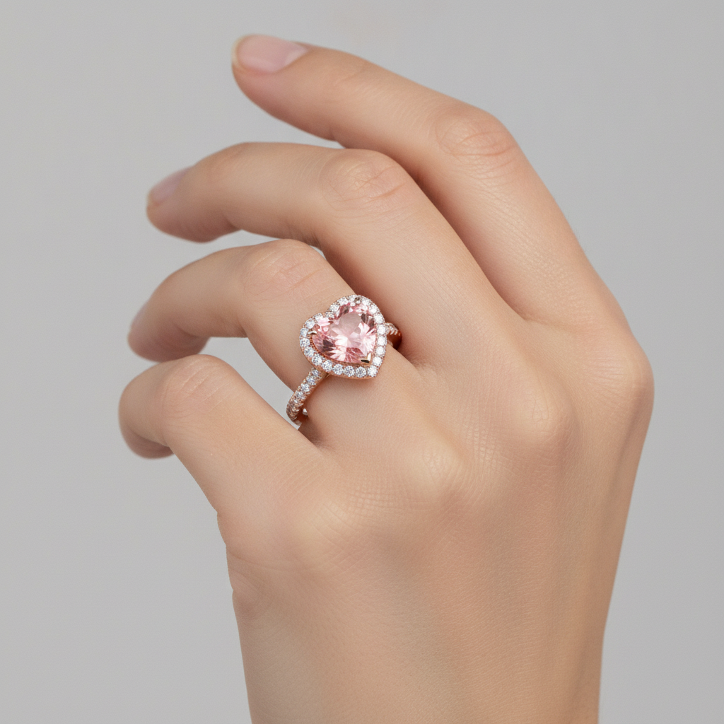 Padparadscha-Saphir-Ring 3,8 Karat, im Labor gezüchtet, Herz-Halo, geteilte Ringschiene, 14 Karat Roségold