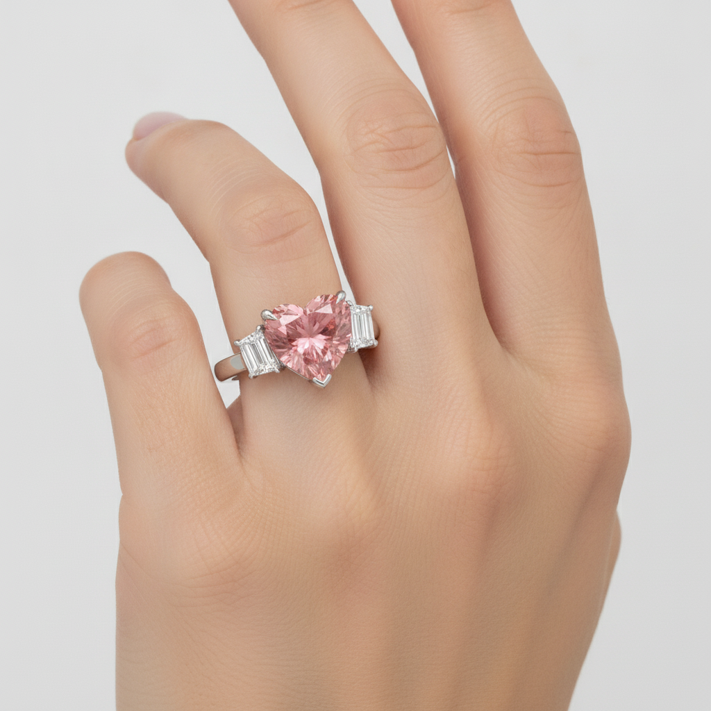 Padparadscha-Saphir-Dreisteinring 3,6 Karat natürlicher Herzschliff und weisse Baguettes Platin