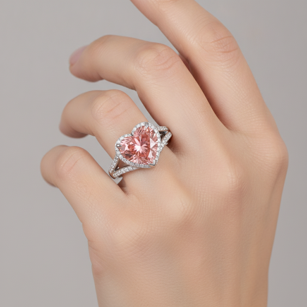 Halo-Ring aus 14 Karat Weißgold mit echtem pfirsichfarbenem Padparadscha-Saphir im Herzschliff, 2,8 Karat