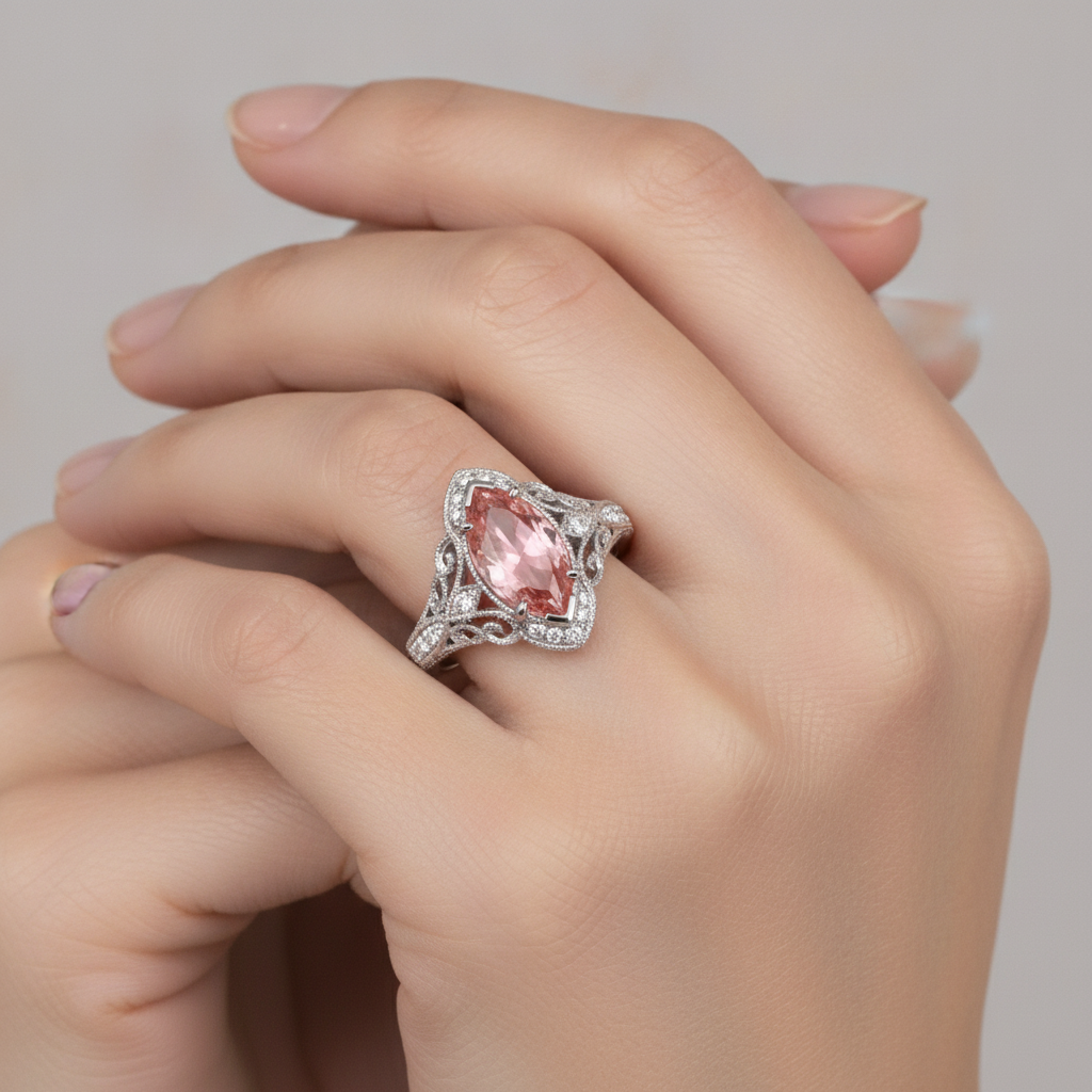 Verlobungsring mit pfirsichfarbenem Padparadscha-Saphir, 3,8 Karat, im Labor gezüchtet, Marquise-Schliff, Halo, 14 Karat Weißgold