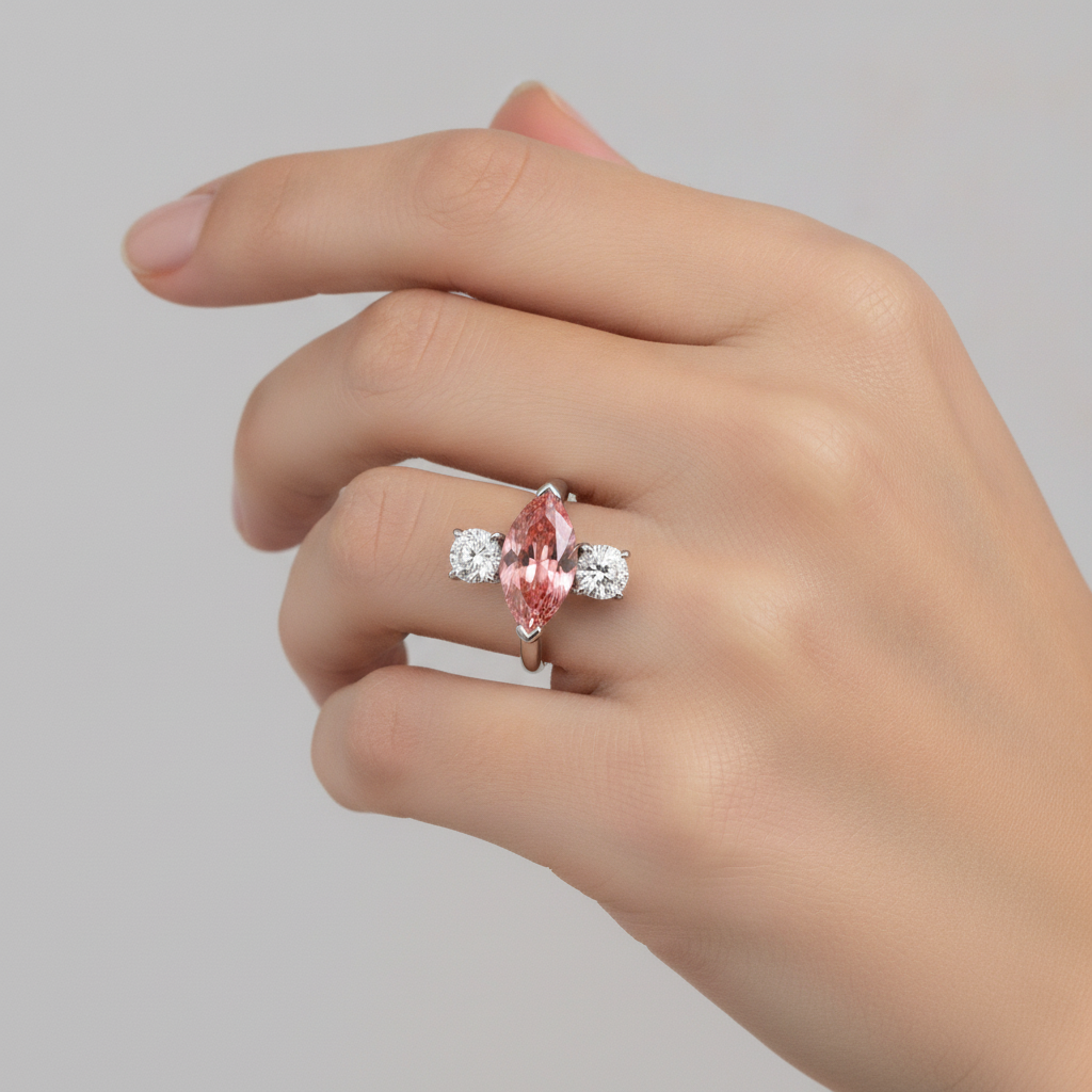 Padparadscha-Saphir-Ring 3,1 Karat Echter Marquise-Schliff Dreistein Platin