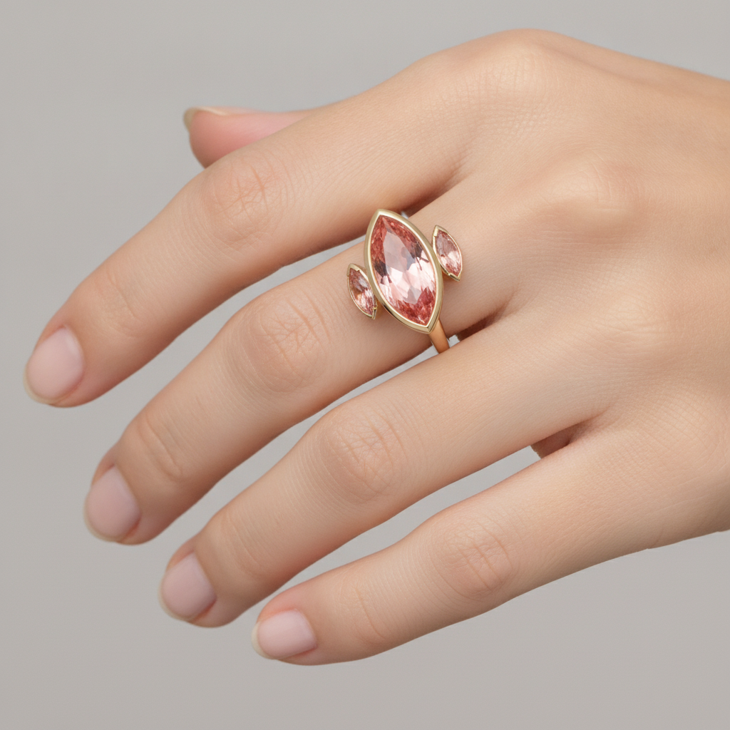 Verlobungsring mit echtem Padparadscha-Pfirsich-Saphir, 3 Karat, Marquise-Schliff, Lünette, Drei Steine, 14 Karat Gelbgold