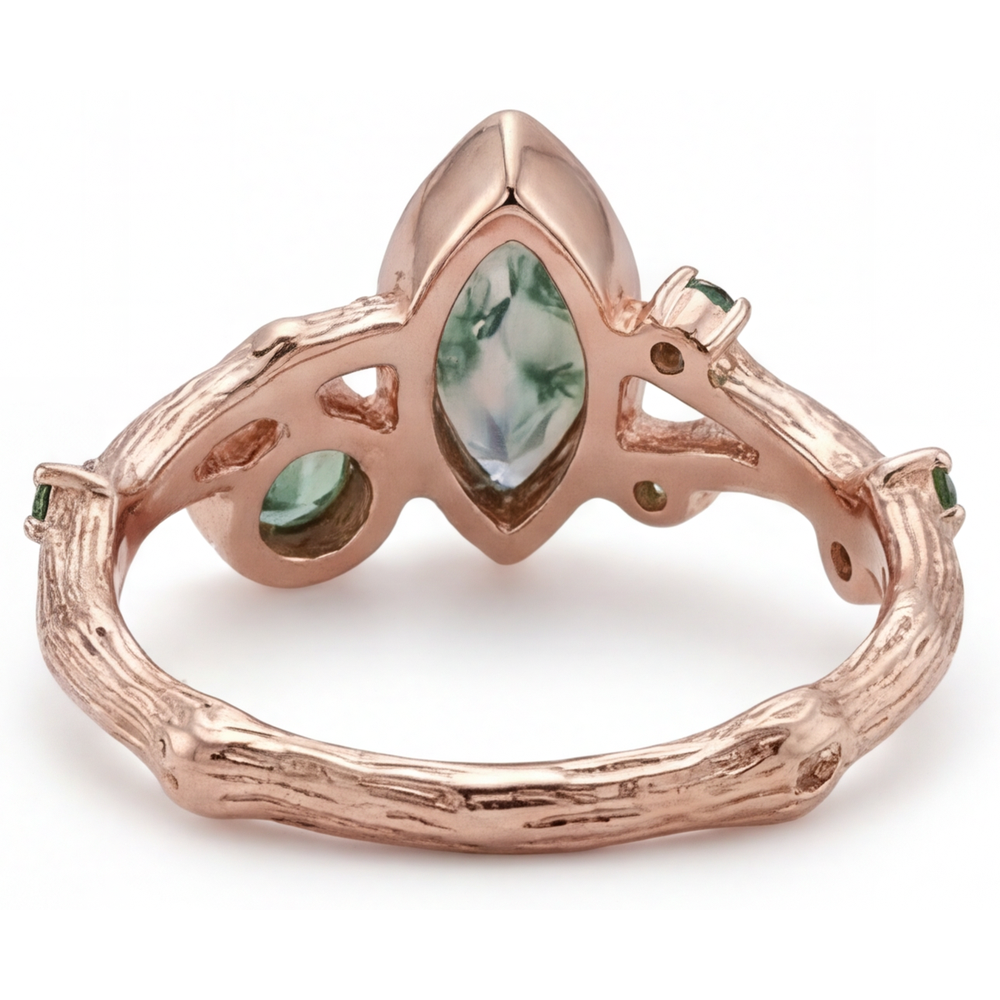 Marquise-Schliff Moss Agate Ring in 14K Roségold – Detailansicht
