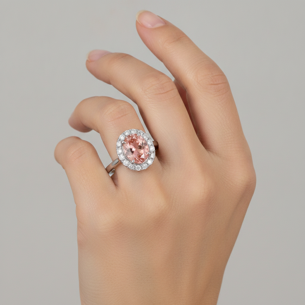 Padparadscha-Saphir-Ring 4,3 Karat im Labor gezüchtet Oval Halo 14 Karat Weißgold