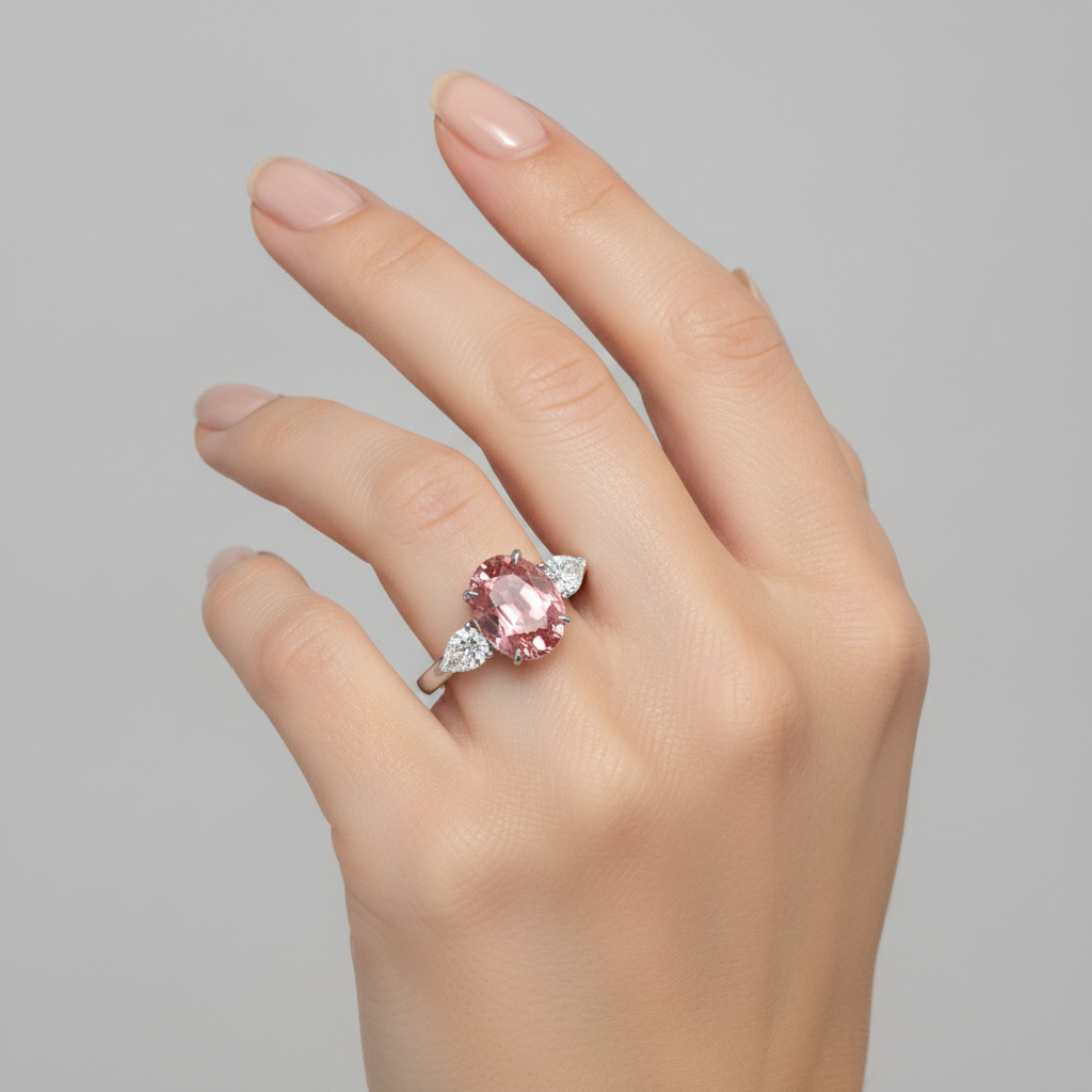 Verlobungsring mit echtem ovalem Pfirsich-Padparadscha-Saphir, 4,1 Karat, Dreistein, Platin