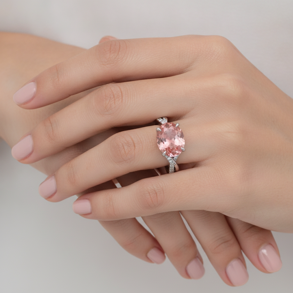 Bypass-Ring aus 14 Karat Weißgold mit natürlichem, ovalem Padparadscha-Saphir in Pfirsichfarbe, 2,8 Karat