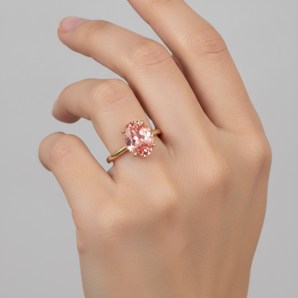 Pfirsich-Saphir-Schmuck 2,5 Karat echter ovaler Padparadscha-Solitärring 14 Karat Gelbgold