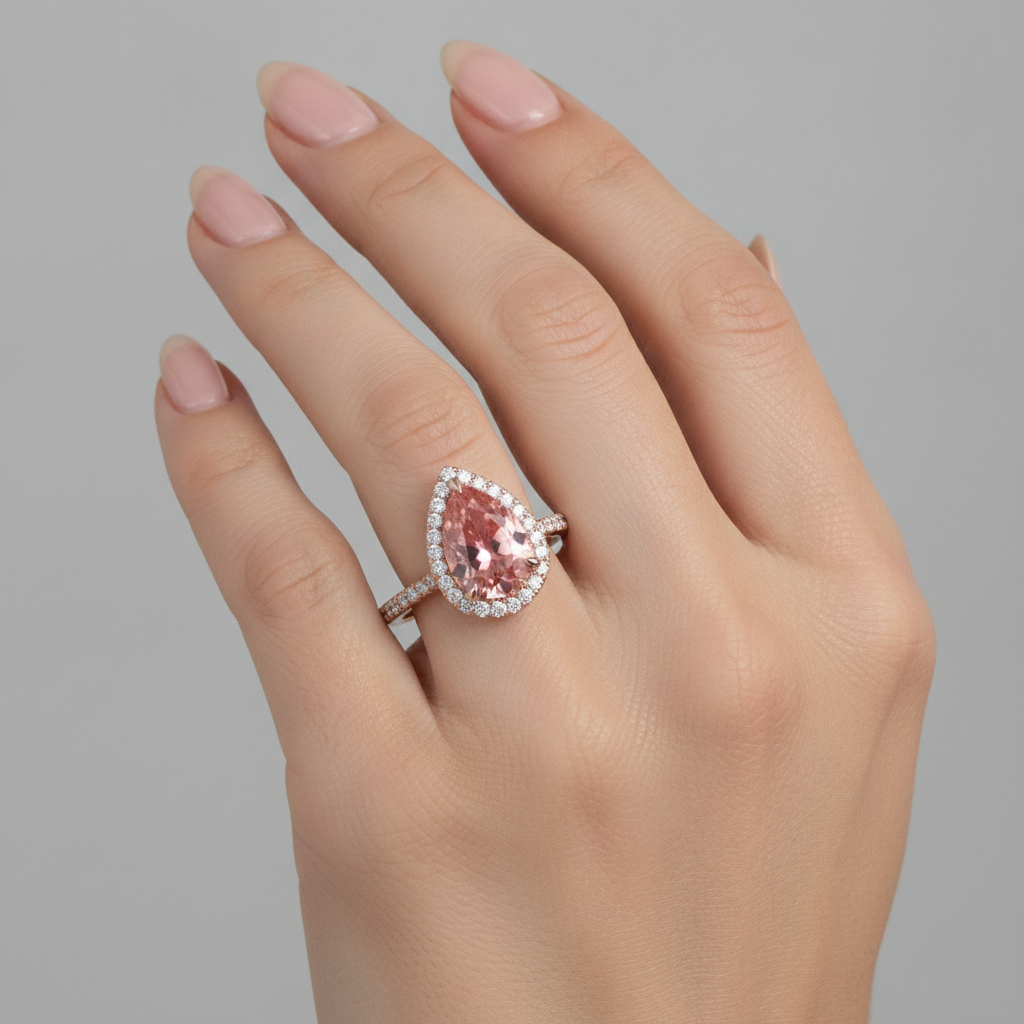 Verlobungsring mit pfirsichfarbenem Saphir, 2,8 Karat, echter Padparadscha im Tropfenschliff, Halo, Pavé, 14 Karat Roségold