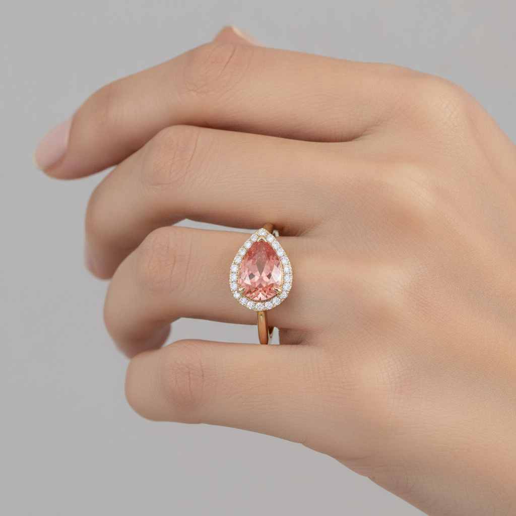 Rosa Padparadscha-Saphir-Ring, 2,8 Karat, natürlicher Tropfenschliff, Halo, schlicht, 14 Karat Gelbgold