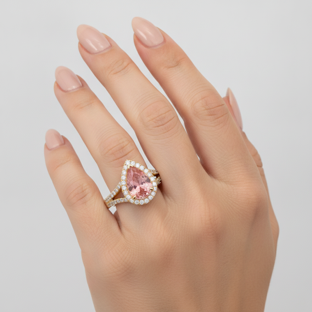 Echter Padparadscha-Pfirsich-Saphir 2,8 Karat im Tropfenschliff, Halo-Ring mit geteilter Ringschiene, 14 Karat Gelbgold