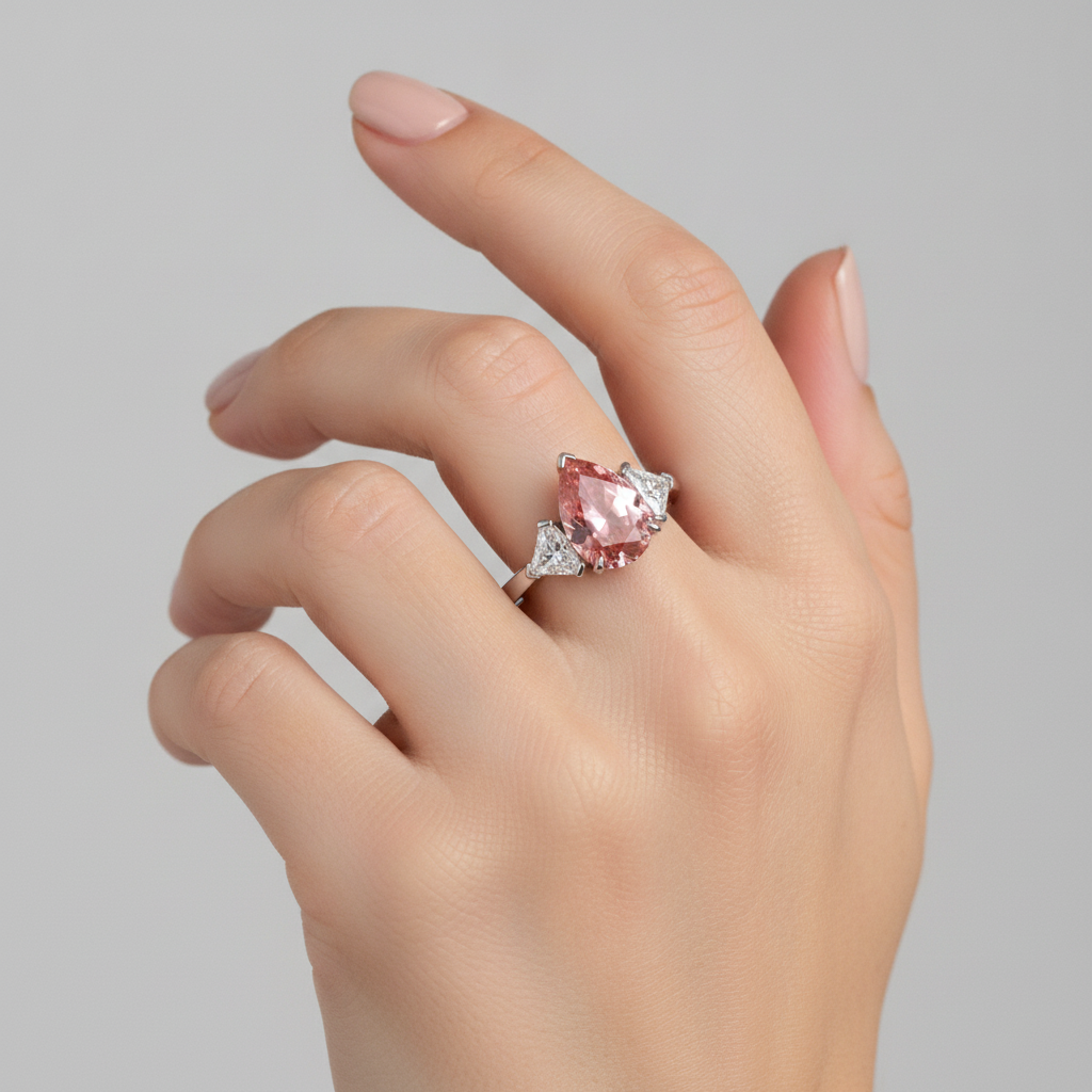 Padparadscha-Saphir-Dreisteinring aus Platin, 3,6 Karat, echter Tropfenschliff und weisse Trillanten