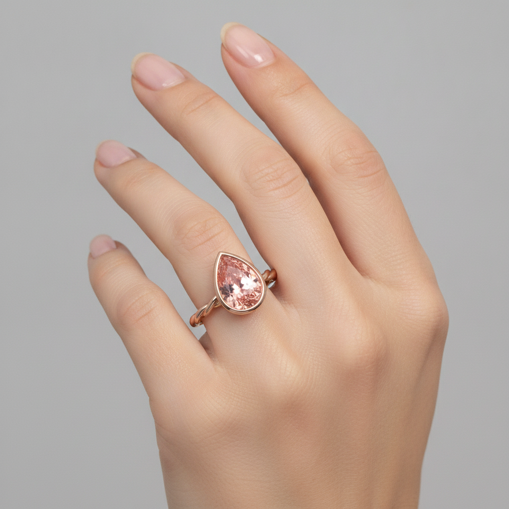 Natürlicher Pfirsich-Padparadscha-Saphir im Tropfenschliff, 2,5 Karat, Solitärring mit Lünette, 14K Roségold