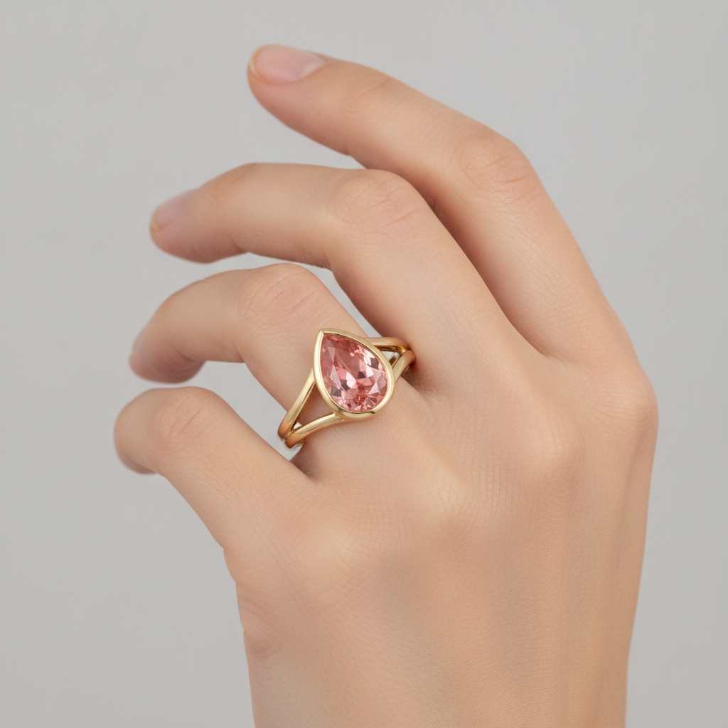 Echter pfirsichfarbener Padparadscha-Saphir im Tropfenschliff, 2 Karat, Solitärring mit Lünette aus 14 Karat Gelbgold