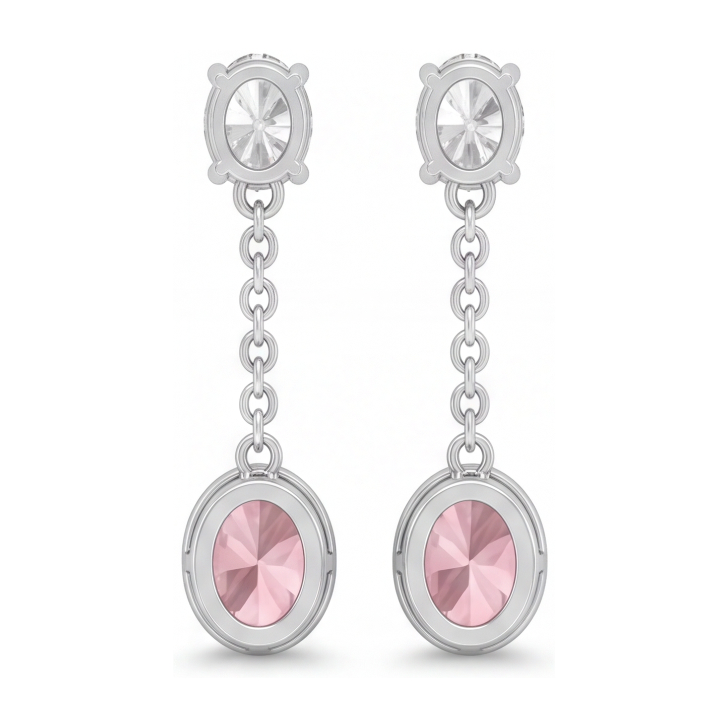 Lange Tropfen-Hängeohrringe mit rosa Diamanten 2,5 Karat im Labor gezüchtet Oval Lünette 14 Karat Weißgold