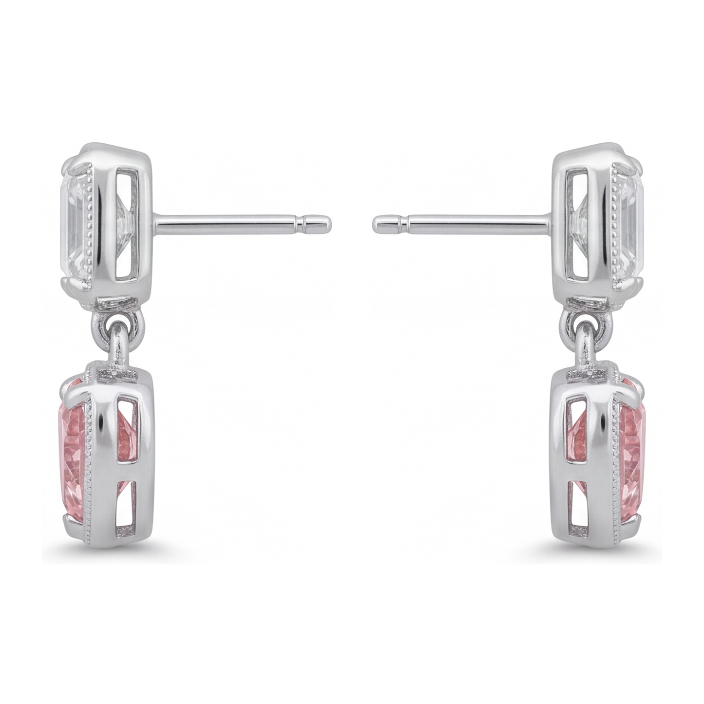 Ohrhänger mit rosa Diamanten, 4,5 Karat, im Labor gezüchtet, Herzform mit Milgrain-Verzierung, Asscher-Oberteile, 14 Karat Weißgold