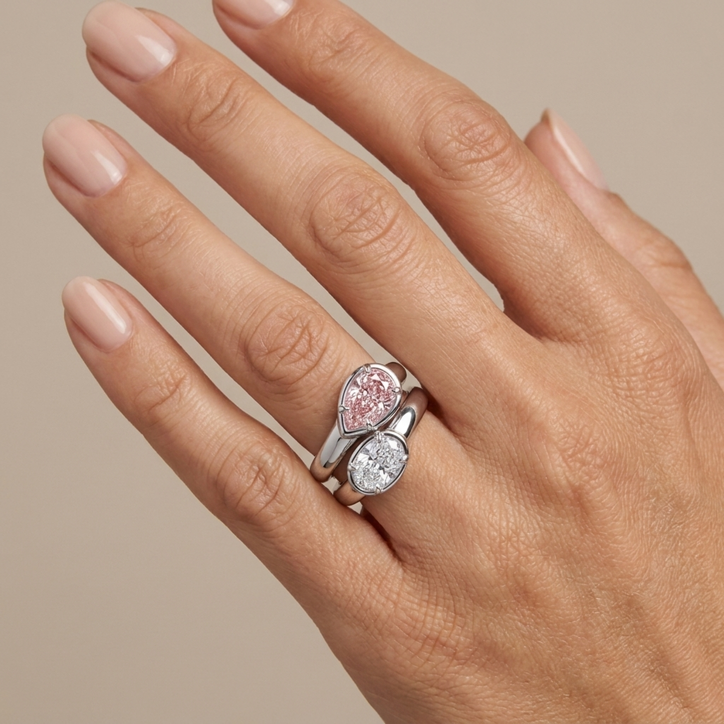 Rosa Diamantring, 3,2 Karat, Tropfenschliff, Toi et Moi, geschwungen