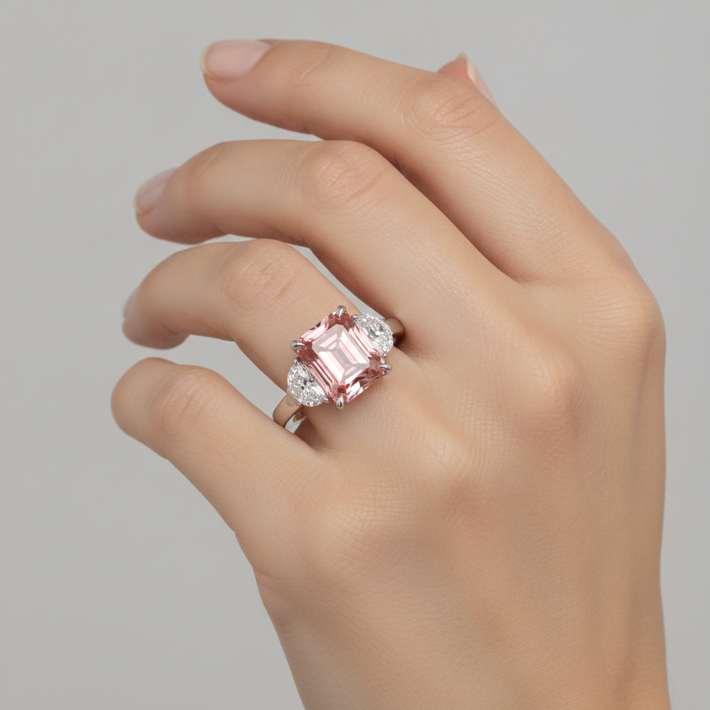 Padparadscha-Saphir-Dreistein-Ring, 3,6 Karat, natürlicher Radiant-Schliff und weisse Halbmonde, Platin