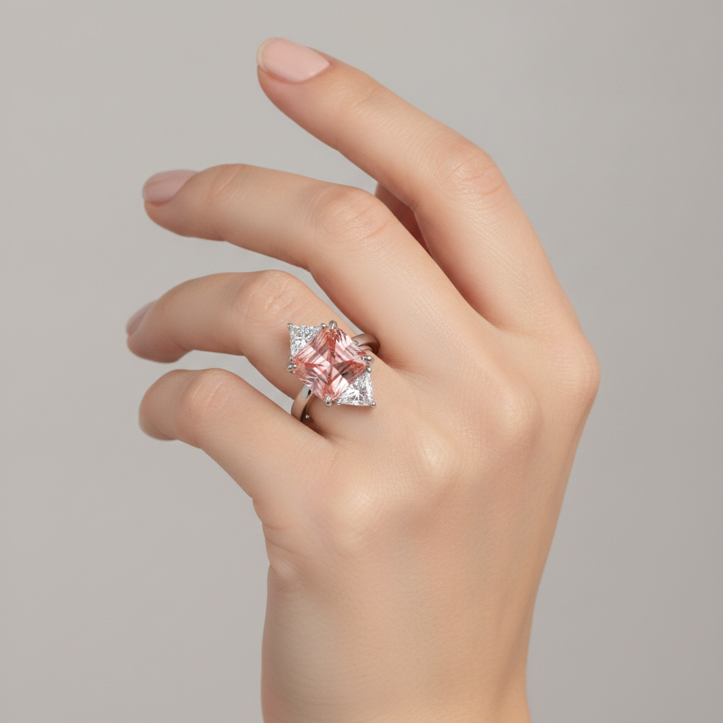 Pfirsich-Saphir-Verlobungsring 2,9 Karat, echter Padparadscha im Radiant-Schliff und weisse Trillanten, Dreistein-Design, schlichtes 14-Karat-Gold