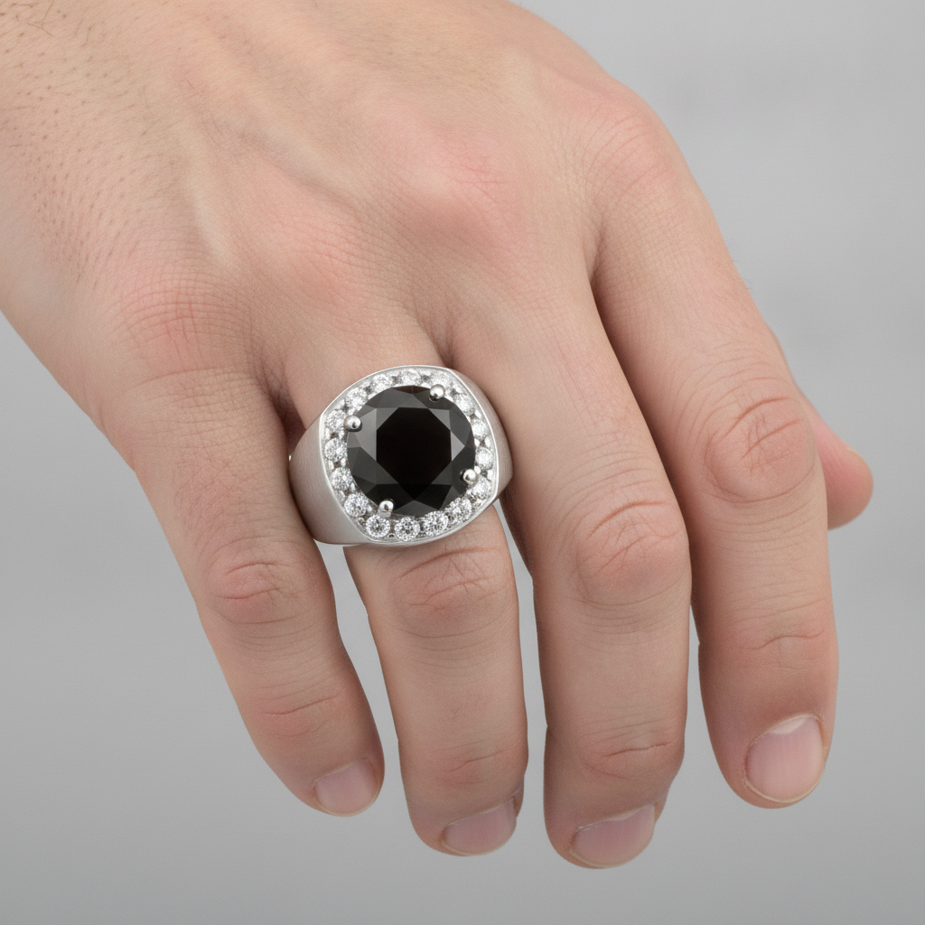 Ehering mit schwarzem Diamant 6,75 Karat natürlicher runder Halo 14 Karat Weißgold