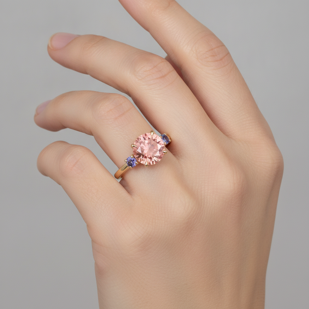 Antiker Padparadscha-Saphir-Ring 4,8 Karat im Labor gezüchtet rund Dreistein 14 Karat Gelbgold