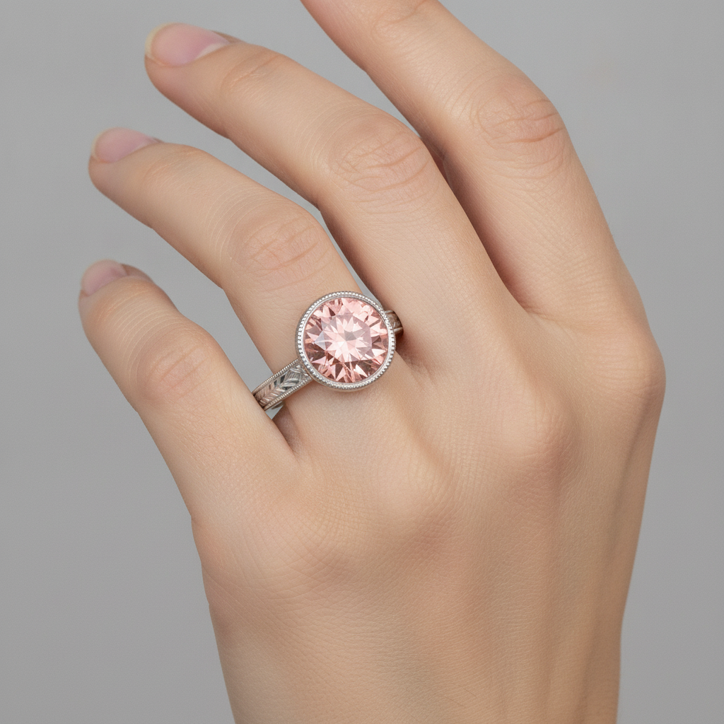 Padparadscha-Ring, 4 Karat, im Labor gezüchtet, runder Saphir, Lünette, Solitär, 14 Karat Weißgold